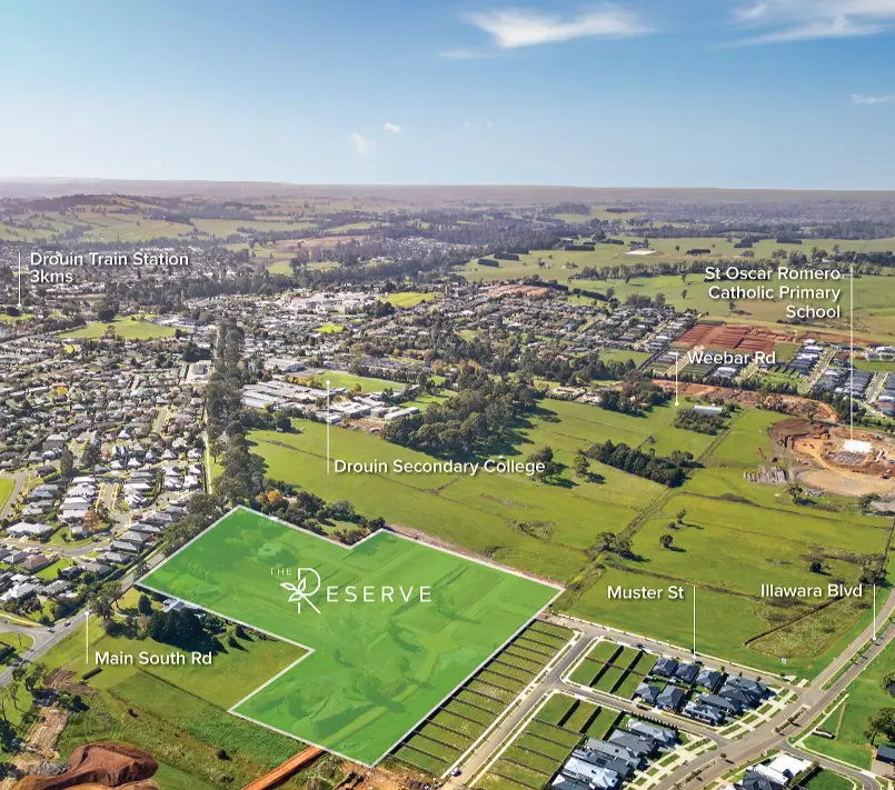 Map of The Reserve Drouin showing nearby schools, shops and transport