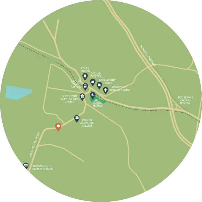 Map of The Reserve Drouin showing nearby schools and shops